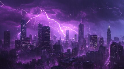 Obraz premium Urban skyline bathed in purple light from a fierce lightning storm, with lightning bolts cutting through the night and highlighting the cityscape with intense energy.