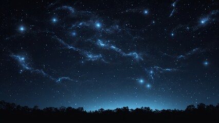 Fototapeta premium Blue night sky glowing over dark forest silhouette