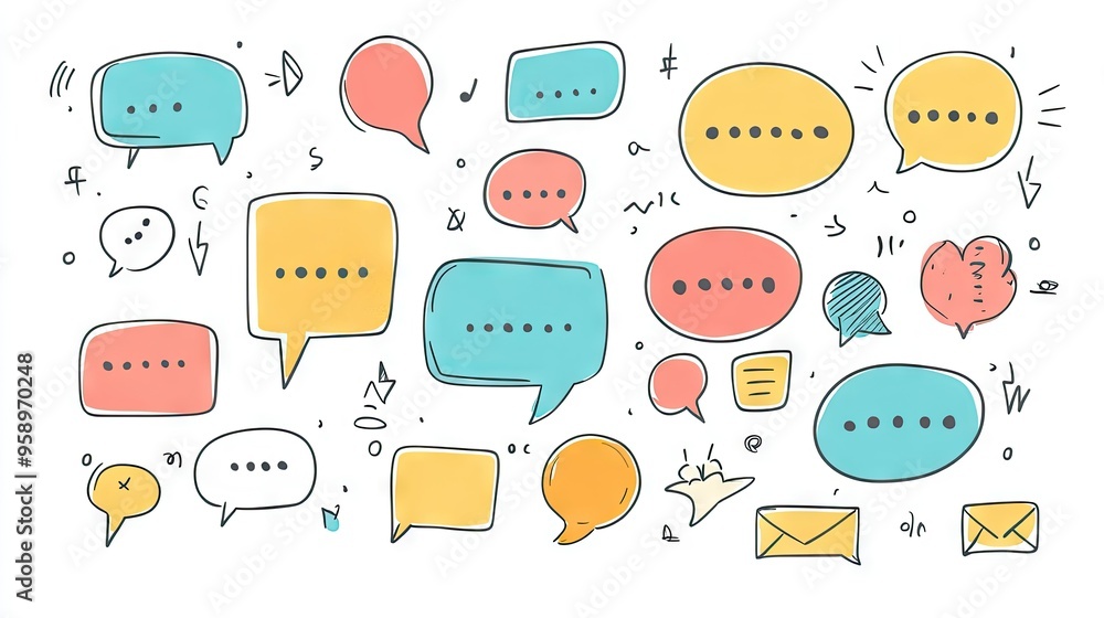 Poster variety of speech bubble and message box designs in doodle style with blank spaces for text. perfect