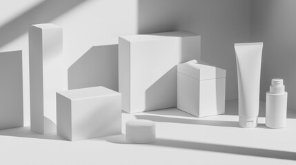 Fototapeta premium Aesthetic Minimalist Arrangement of Various Cosmetic Products on a Clean White Surface with Soft Shadows Casting Elegance and Serenity