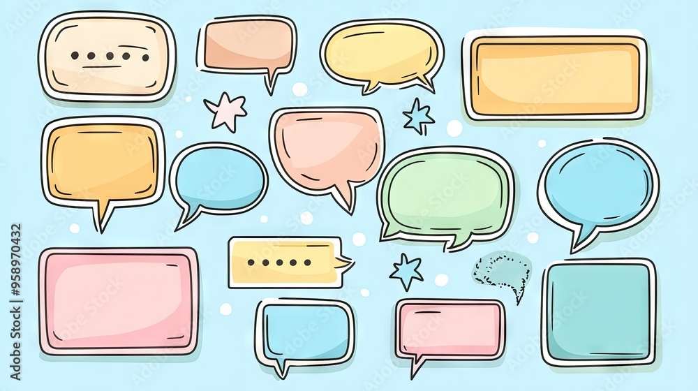 Poster variety of speech bubble and message box illustrations in cartoon style with outline designs and emp