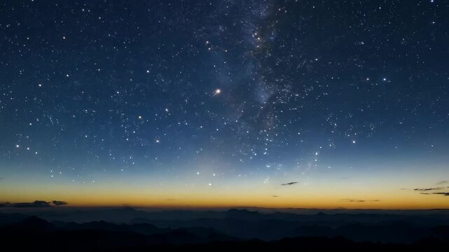 Slow tilt upward from the horizon, revealing a star-filled night sky with glowing satellite