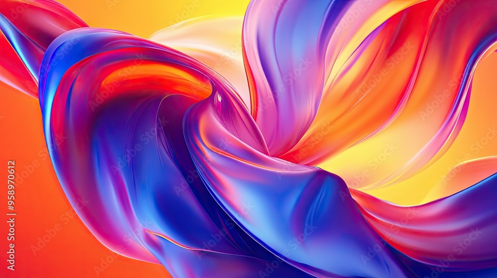 Poster vibrant 3d abstract fluid forms flowing in a continuous loop, with bold colors and gradients creatin