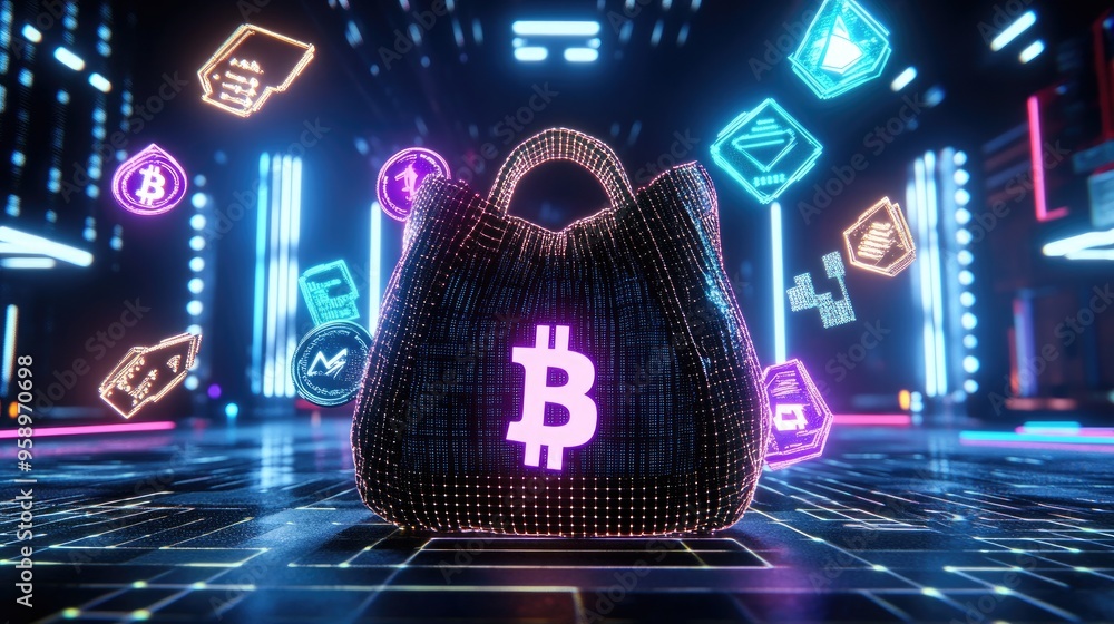 Aufkleber a digital wallet with bitcoin symbol surrounded by cryptocurrency icons in a futuristic setting.