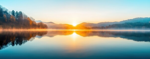 A serene sunrise over a tranquil lake, reflecting stunning colors and surrounded by peaceful mountains and lush trees.