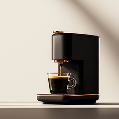 A sleek black coffee machine brewing a cup of fresh espresso on a minimalist countertop, perfect for modern kitchens.