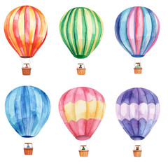 Six vibrant watercolor hot air balloons in various colors, perfect for travel, fantasy, or celebration themes.
