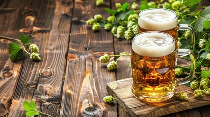 Two glasses of beer with fresh hops on rustic wooden background.