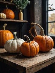 Lineup of Decorative Pumpkins on a Wooden Shelf