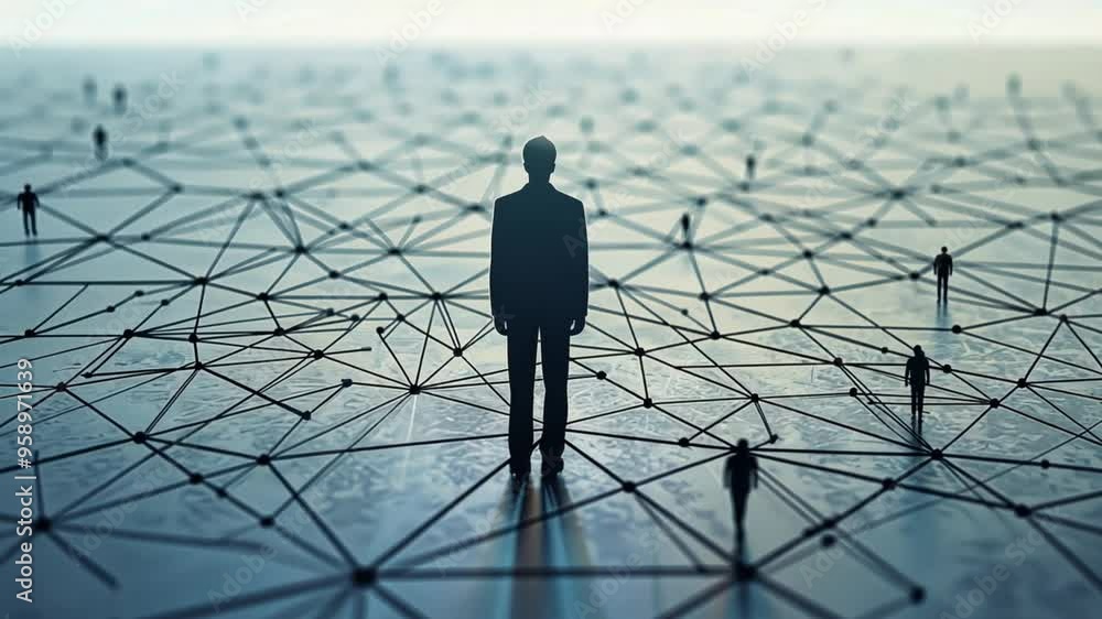 Poster A man stands in the middle of a web of lines. The lines are connected to each other and to the man. The man is wearing a suit and he is looking up at the web