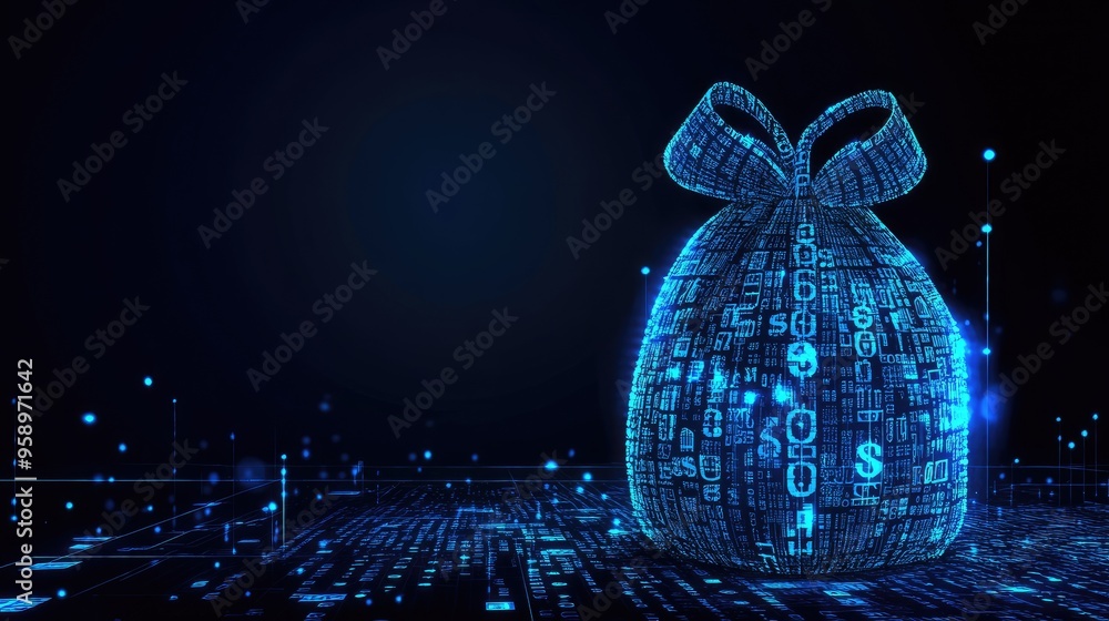 Poster a digital gift bag made of binary code, symbolizing technology and data exchange.