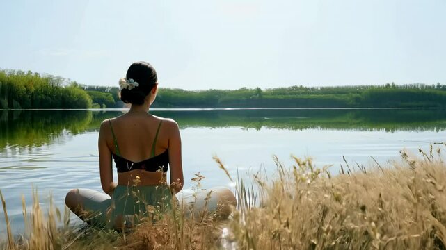 A woman in a lotus pose on a calm lake’s shore, with soft reeds and tranquil water. View of the lake, serene and peaceful environment.