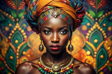 Sultry and seductive African woman with intricate traditional attire and adornments, posing confidently with a sensual