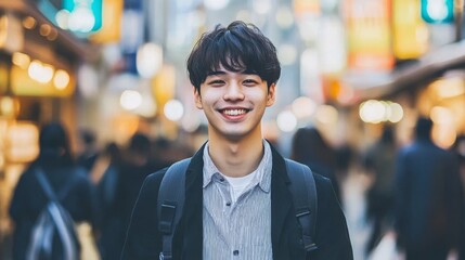 Fototapeta premium A Bright Smile in the Bustling Streets: Capturing Youthful Spirit Amid Urban Vibrancy and Life.