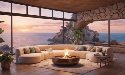 A living room with a fireplace generative AI illustration