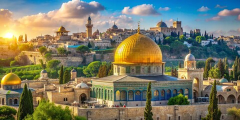 Obraz premium Sunlit domes and arches of ancient Islamic temple rise above Jerusalem's historic Old City, with vibrant greenery