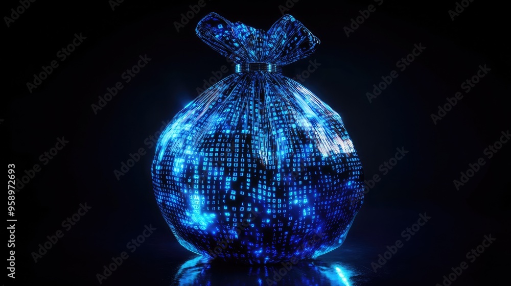 Poster a digital representation of a garbage bag illuminated with blue lights and patterns.