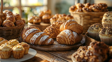 Assorted croissants and muffins in bakery setting, soft morning light