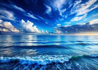 Obraz premium Tranquil Ocean Scene Featuring Deep Blue Hues, Gentle Waves, And A Horizon Stretching To Meet The Sky