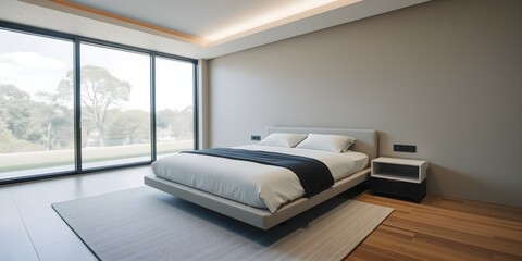 Modern Bedroom with Platform Bed and Large Window View