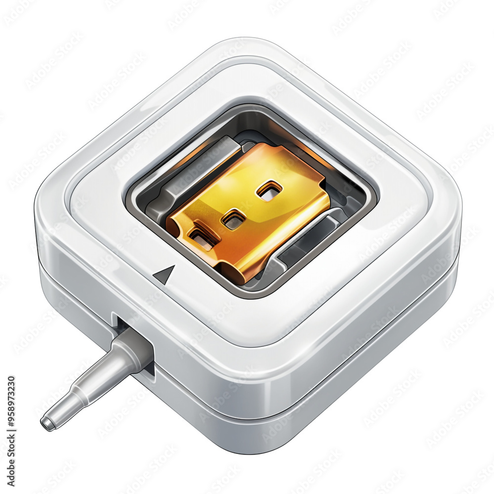 Poster a white square shaped device with a gold chip inside and a small white cable, possibly a technologic