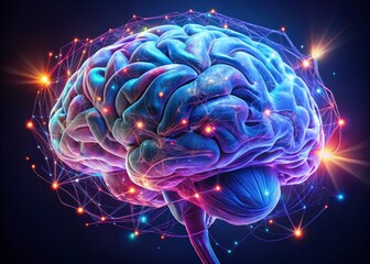 Fototapeta premium Vibrant, 3D-illustrated brain anatomy, glowing with soft blue and purple hues, showcasing intricate neural networks and