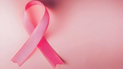 A pink ribbon, a symbol of breast cancer awareness, on a light pink background.