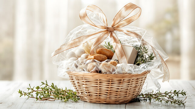 Elegant gift basket with gourmet treats and natural herbs