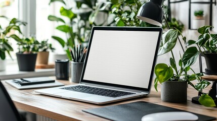 Fototapeta premium A Serene Workspace Adorned with Lush Plants, Perfect for Creativity and Productivity in a Bright Environment