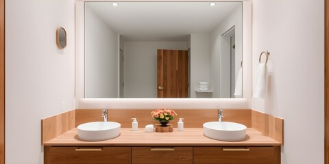 Serene Bathroom with Wooden Vanity and Soft Lighting