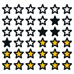 Cycle Yellow stars pattern and texture for background, clipping path. Set stars on white background  A collection of  white and yellow star graphic symbols and patterns, each depi