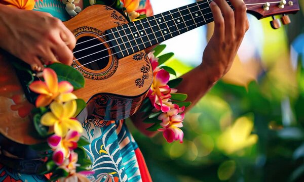Vibrant ukulele playing in tropical setting with flowers