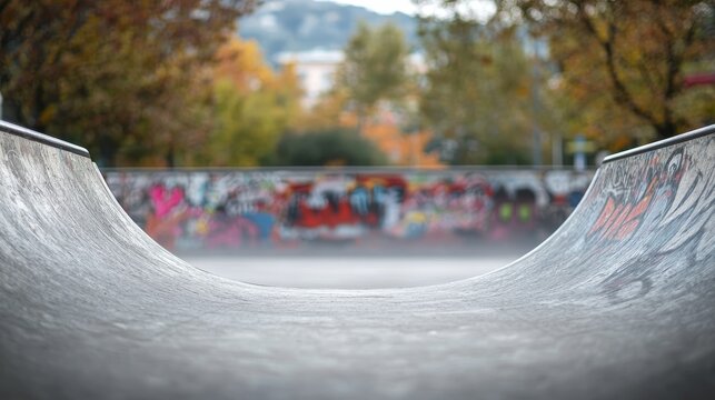 A skatepark scene featuring a curved ramp with graffiti in the background, surrounded by trees in autumn colors.