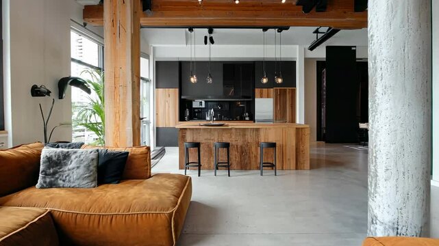 Slow zoom through luxury apartment with modern interior. Modern kitchen, dining room and living room. House layout. 