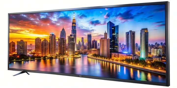 Vibrant, high-definition video playing on a large screen, with a cityscape background, showcasing stunning visuals,