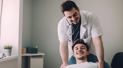 Obraz premium A doctor smiles down at a patient, who is sitting in a chair and is smiling back at him.