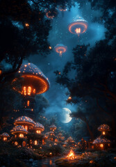 Fototapeta premium Fairytale Mushroom Homes Illuminated by Warm Campfire and Moonlit Sky