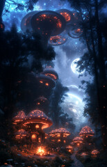Naklejka premium Fairytale Mushroom Homes Illuminated by Warm Campfire and Moonlit Sky