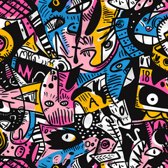 A vibrant, abstract illustration featuring a chaotic blend of colorful shapes and playful characters in pink, blue, yellow, and black.
