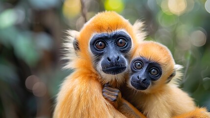 Fototapeta premium Two Golden Langur monkeys, one holding the other close, looking directly at the camera.