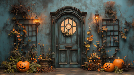 Obraz premium Cozy Halloween Porch Decor with Glowing Jack-o'-Lanterns and Rustic Charm