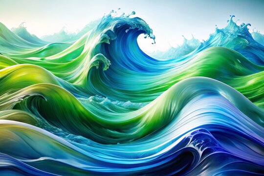 Vibrant, undulating waves of blue and green hues ripple across a white background, evoking a sense of movement,