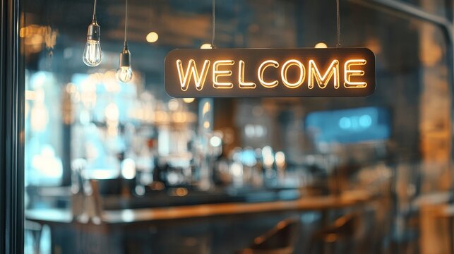 A warmly lit "WELCOME" sign hangs in a bar, inviting guests into a cozy atmosphere.