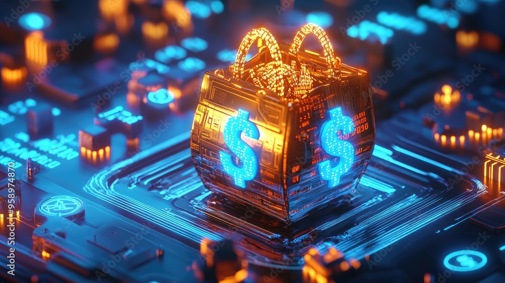 Poster a digital representation of a money symbol within a tech circuit background.