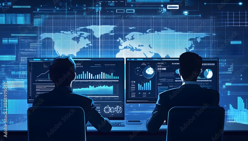 Poster two silhouetted figures monitoring data on computer screens