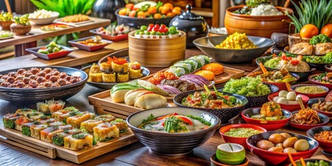 A Bountiful Asian Buffet An Array of Dishes in Bowls and Plates, Traditional Cuisine, Asian Food, Delicious, Appetizing, Restaurant, Dining