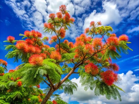 Vibrant branches of Pirul tree (Schinus molle) adorned with delicate, wispy flowers and elegant, curved leaves against