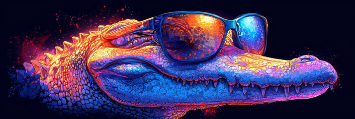 A cool alligator wearing sunglasses with a neon glow, giving a side-eye.