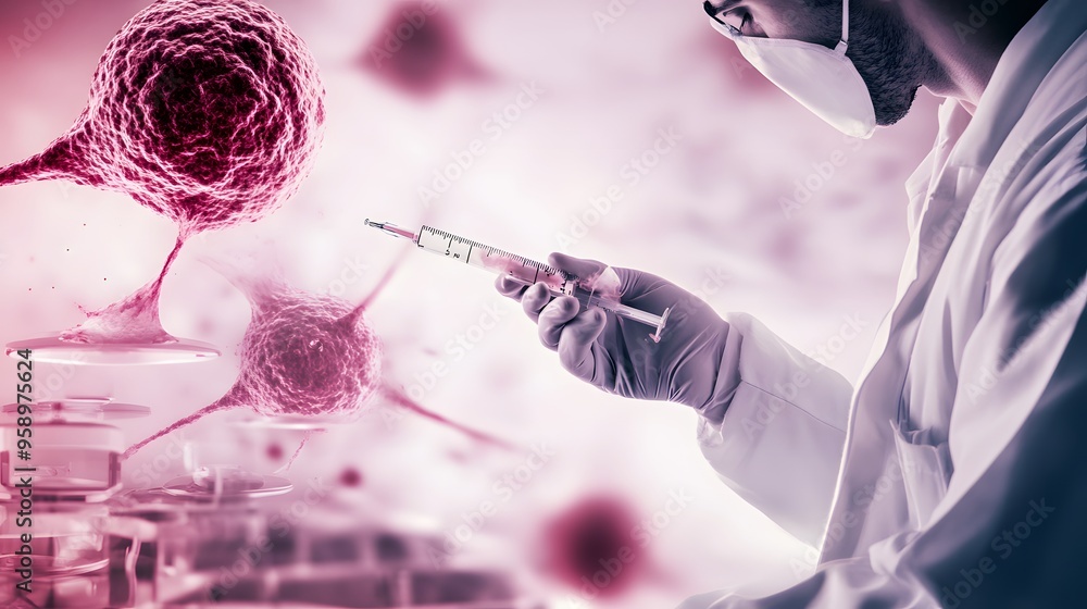 Poster a scientist in a lab coat and face mask holds a syringe with a pink background of abstract cells.