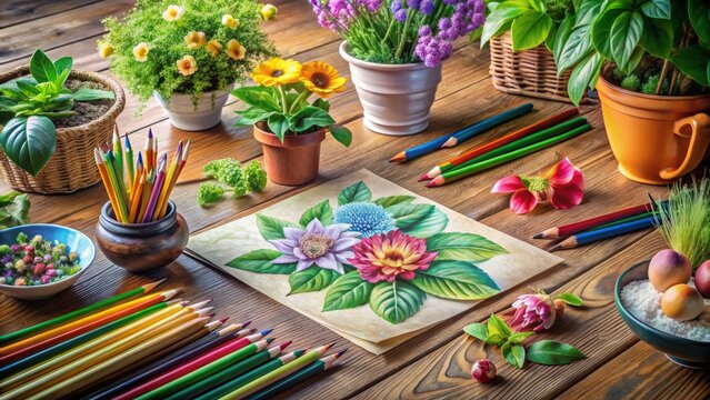 Vibrant colored pencils and graphite sketches of blooming flowers, lush greenery, and garden ornaments scattered on a
